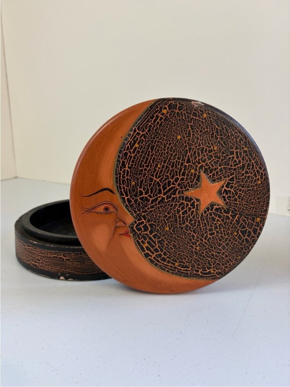 Vintage Wood Sun Moon Trinket Box Celestial Folk Art Boho Home Decor 90s 1990s